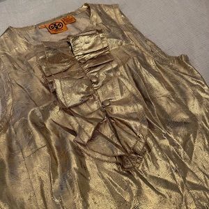 Tory Burch Metallic Gold Ruffle Silk Blouse with Buttons